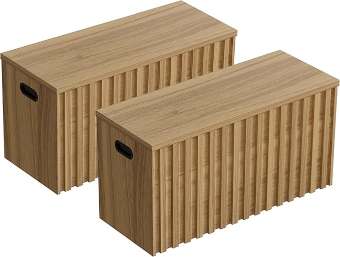 UEV Storage Bench Set of 2, 39.4" Wood Box, Storage Trunk with 2 Safety Hinges, Ottoman Storage Chest Set of 2, Fluted Storage Bench for Bedroom, Shoe Bench for Bedroom, Living Room (Natural Wood)