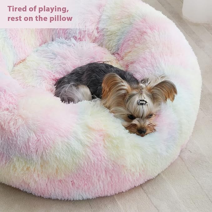 WNPETHOME Calming Dog Bed Cat Bed Donut, Faux Fur Pet Bed Self-Warming Donut Cuddler, Comfortable Round Plush Dog Beds (30 x 30 x 10 Inch, Rainbow)
