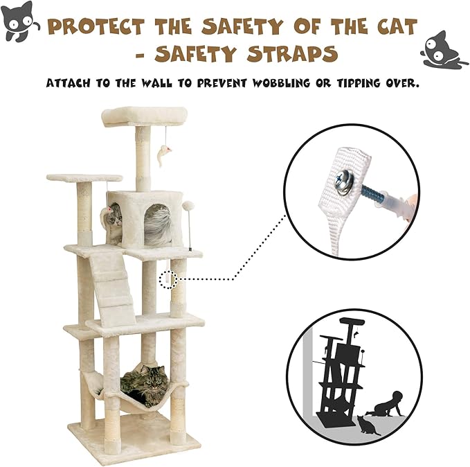 MWPO 63.8 inches Multi-Level Cat Tree for Large Cats with Sisal-Covered Scratching Posts, Padded Platform, Hammock and Condo,Stable Cat Tower Cat Condo Pet Play House-Beige
