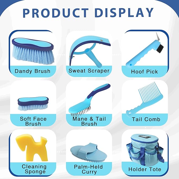 Horse Grooming Kit 9pcs Horse Brushes Equine Grooming Brushes Tack Room Supplies Set with Organizer Tote
