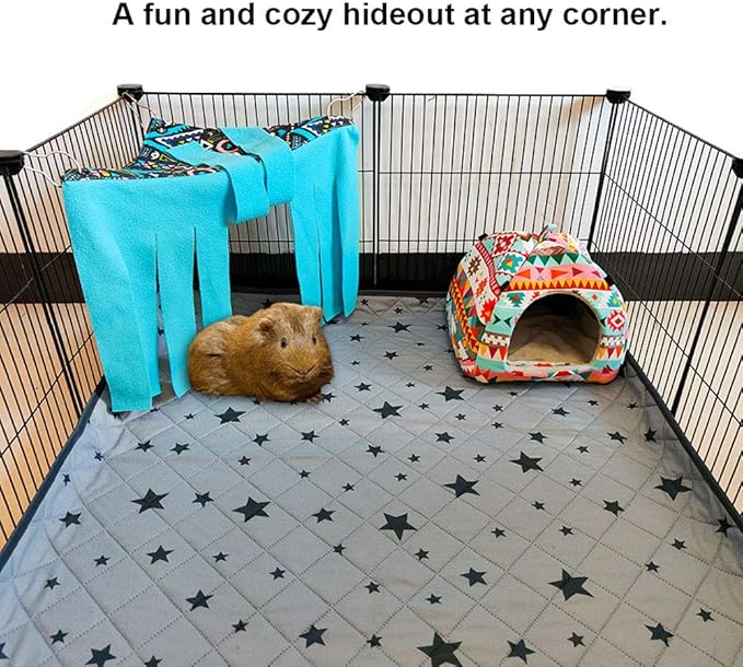 RIOUSSI Guinea Pig Hideout Hideaway Corner Fleece Toys Cage Accessories with Reversible Sides, Geo/Gray+Blue, 2 Pack