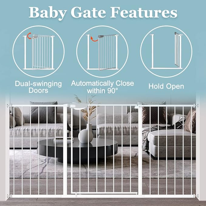 WAOWAO Triple Lock Baby Gate Extra Wide 39.76-43.7" Pressure Mounted Walk Through Swing Auto Close Safety White Metal Child Kids Dog Pet Puppy for Stairs,Doorways