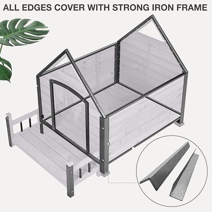 Large Dog House Outdoor Indoor All-Around Iron Frame Design Dog House with Porch&Raised Feet for Small Medium Large Dogs(Grey)