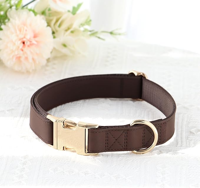 PET ARTIST PU Leather Dog Collar, Bright & Stylish Brown Dog Collar with Quick Release Gold Metal Buckle, Soft Nylon Padded Durable Pet Collars Adjustable for Large Dogs, Neck Fit 16-27"