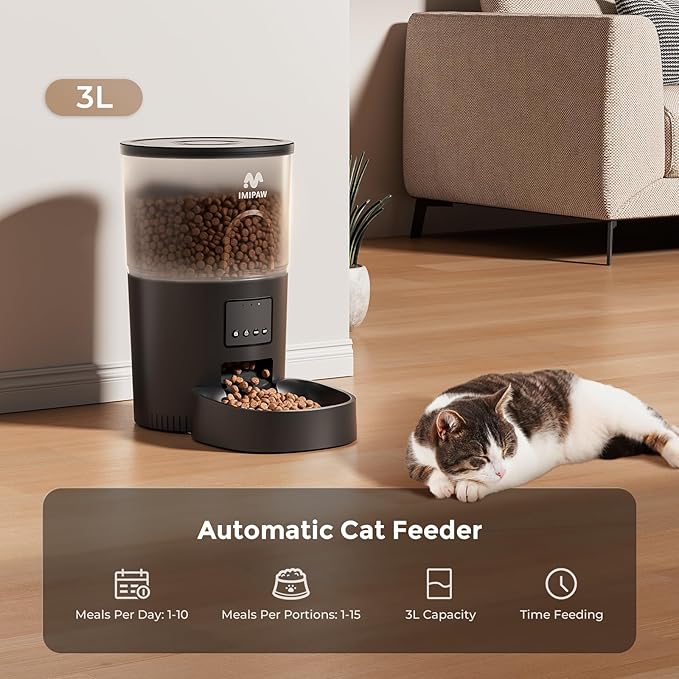 Automatic Cat Feeder - 3L Pet Dry Food Dispenser with Timed Programmable Portion Control, Dual Power Backup, Easy Set Up, 10 Meals Per Day for Cats and Puppies, Black(Remote Not Supported)