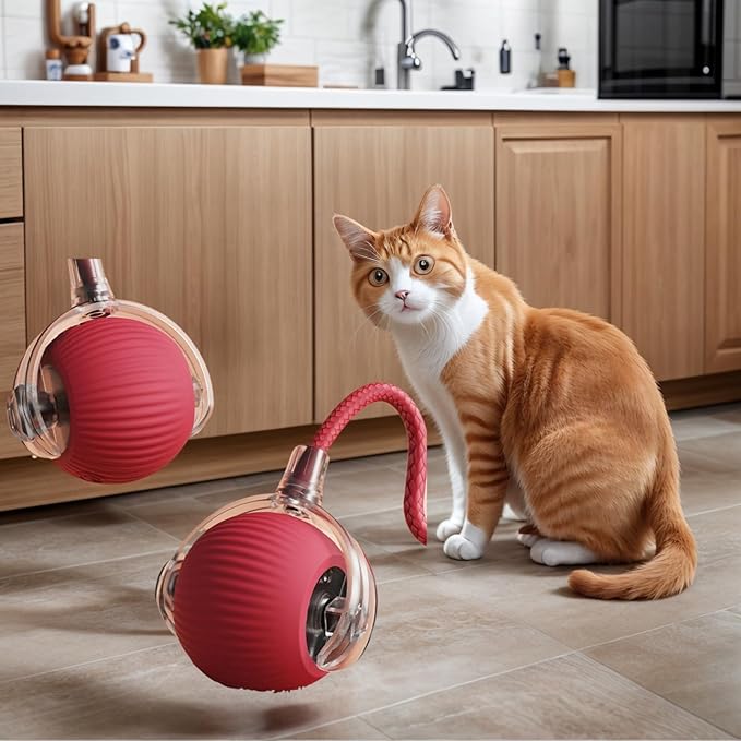 Electric Cat Toy - Automatic Rolling cat Toy with Motion sensors, Designed for Indoor Cats, Suitable for Solo Play (USB Rechargeable) (Red)