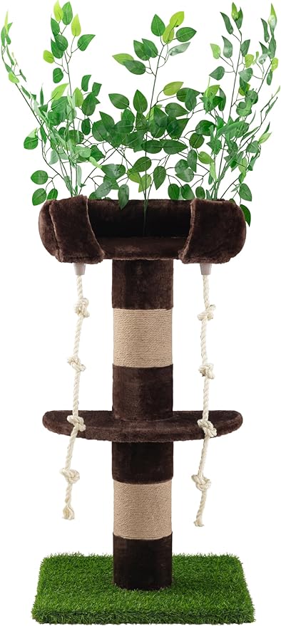 SHA CERLIN 55 Inches Cat Tree Tower with Leaves/Cozy Perches with Scratching Post for Indoor Kittens and Adults Cats/Sisal Rope and Simulated Lawn with Wide Base/Brown & Green