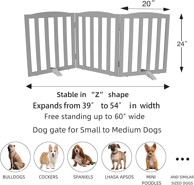 ZJSF Foldable Freestanding Indoor Dog Gate for House Wood Long Pet Gates Dog Fence for Stairs Puppy Gates for Hallways, Puppy Gate,Support Feet Included, Grey, 24 "Height-3 Panels