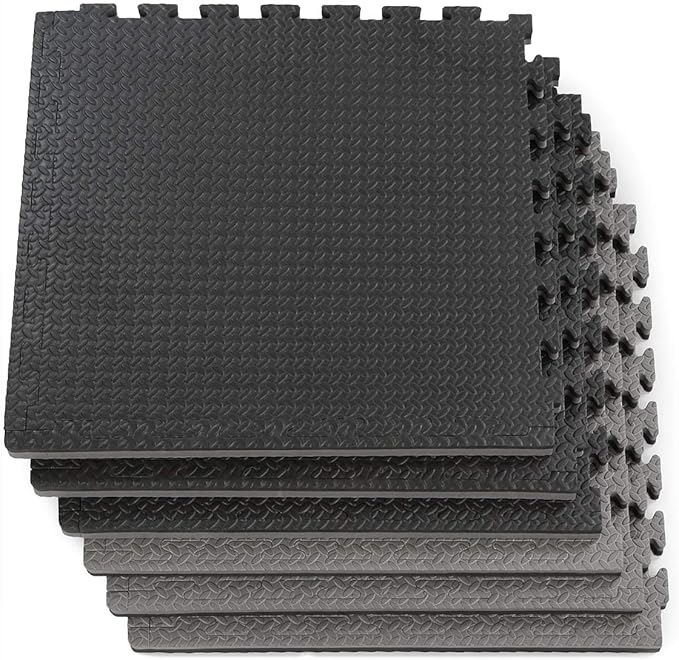 Xspec 1" Extra Thick 48 sq ft Reversible EVA Gym Foam Floor Mat Tiles (24" x 24"), Steel Pattern, 12 pcs, Black & Grey