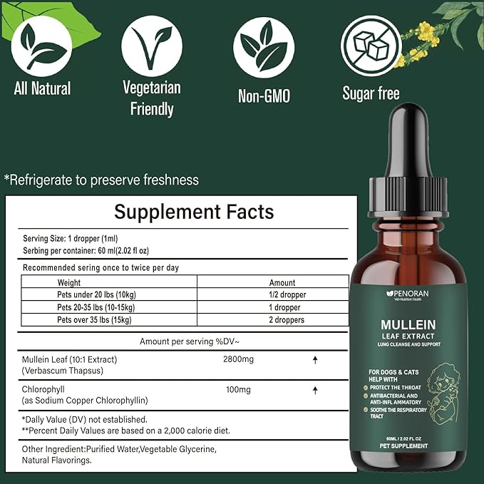 Pet Mullein Leaf Extract Drops for Dogs & Cats Hoarseness, Cough, Easy Breathing, Lung Cleanse and Support, Better Lungs, Soothes Throat Discomfort - 100% Natural and Efficient 