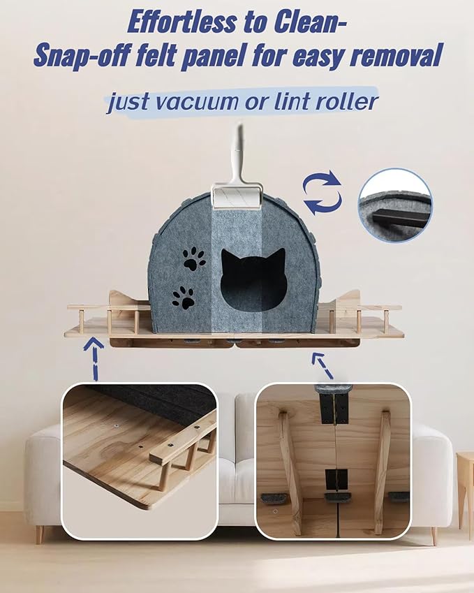 Wall Mounted Felt Cat Bed – Modern Cats Shelf with Wooden Base & 4 Holders, Space-Saving Cat Perch for Indoor Cats, Minimalist Wall Cat Furniture for Resting & Lounging,Gray