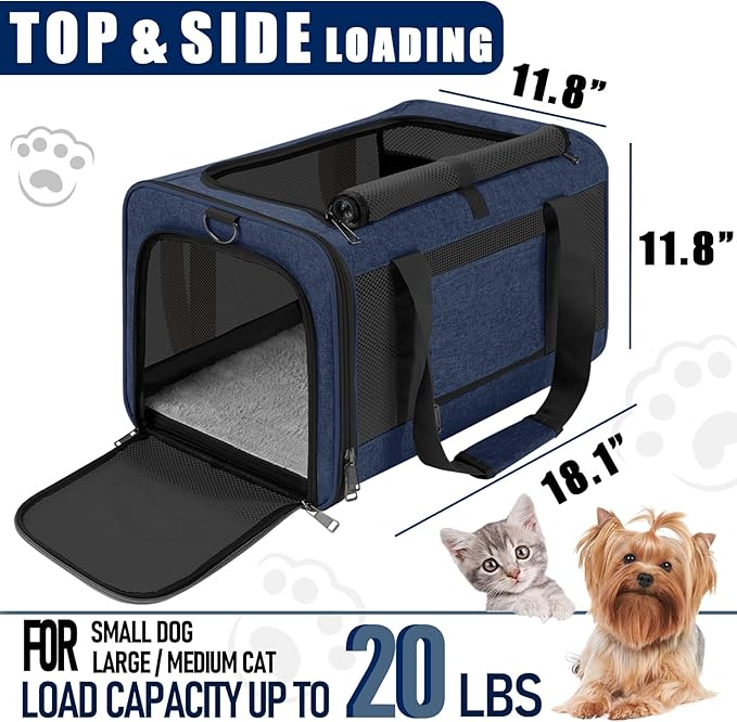 Dog Carrier Soft/Cat Crates Large Cat 20 to 25 pounds/Softsided Pet Car Travel Carry Bag 15 Pound Puppy/Top Open Transport Kennel Navy
