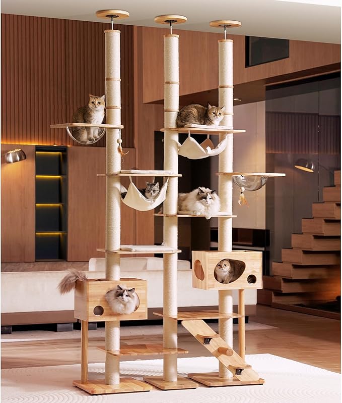 Wood Cat Tree for Indoor Cats, Modern Cat Tower, Unique Cat Condo with House, Tall Luxury Furniture with Heavy Duty Wide Base, Kraft Paper Rope Scratching Post, Removable Cushion (96.5-118.1 inch)