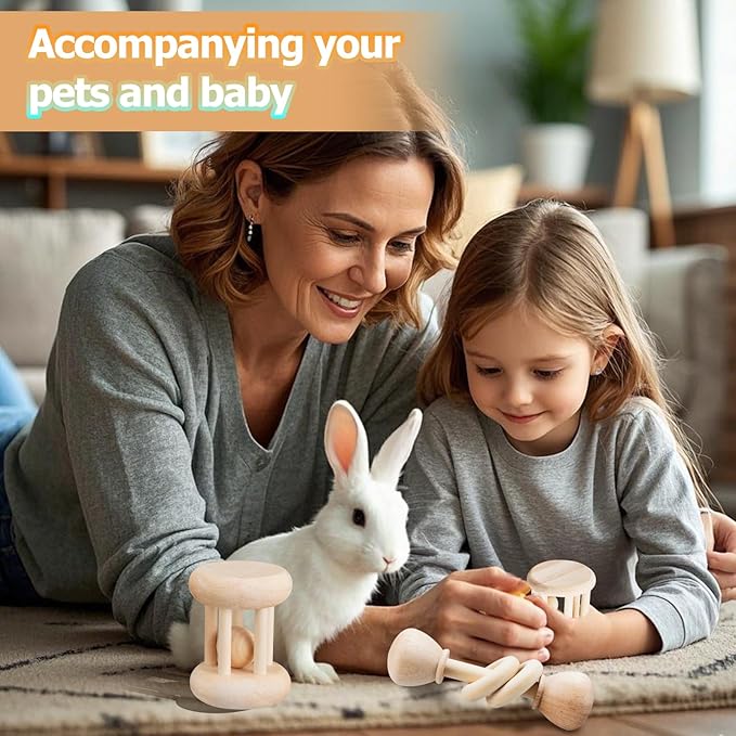 3 Pcs Natural Wooden Bunny Toys, Safe Rabbit Toys for Guinea Pig Chinchillas Hamsters Small Animals Playing Teeth Grinding Indoor Outdoor