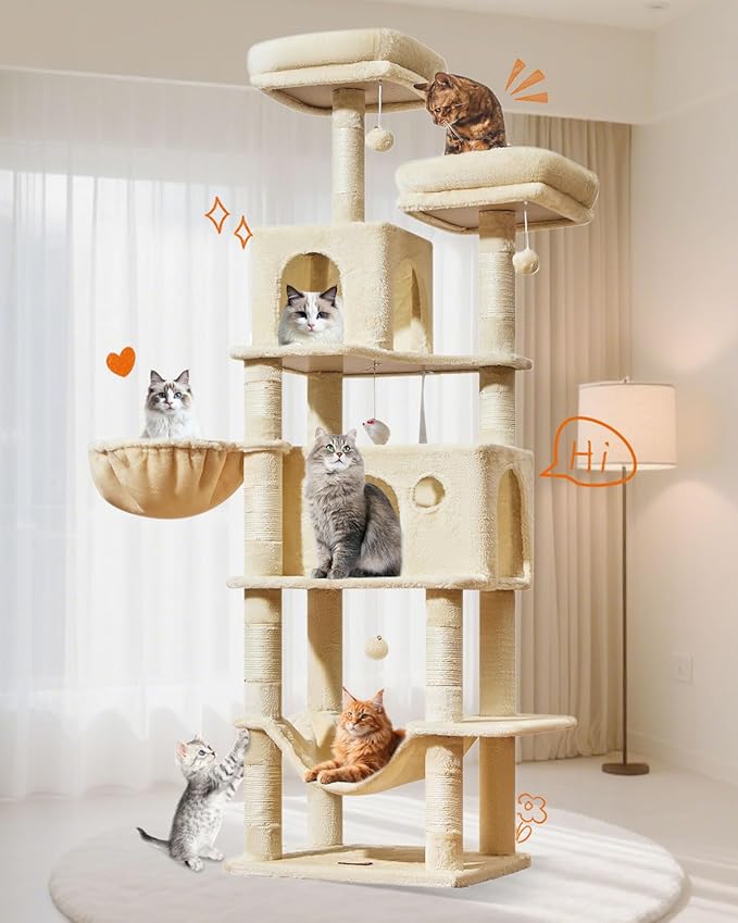 Taoqimiao Large Cat Tree,73-Inch Cat Tree Tower with 9 Scratching Posts for Indoor Cats, 2 Large Cat Condo with Hammock, Hanging Basket, 2 Extended Platform, Beige MS013XLM