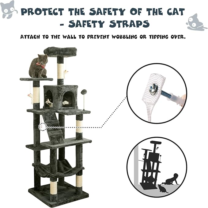 MWPO 63.8 inches Multi-Level Cat Tree for Large Cats with Sisal-Covered Scratching Posts, Padded Platform, Hammock and Condo,Stable Cat Tower Cat Condo Pet Play House-Smoky Gray