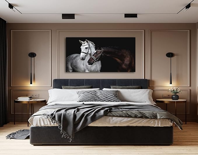 Jiuqinghua Wall Art Canvas Print Picture White and Brown Horses 1 Panel Wild Animal Painting Artwork for Living Room Bedroom Office Home Wall Decor Stretched and Framed Ready to Hang 30x60inches