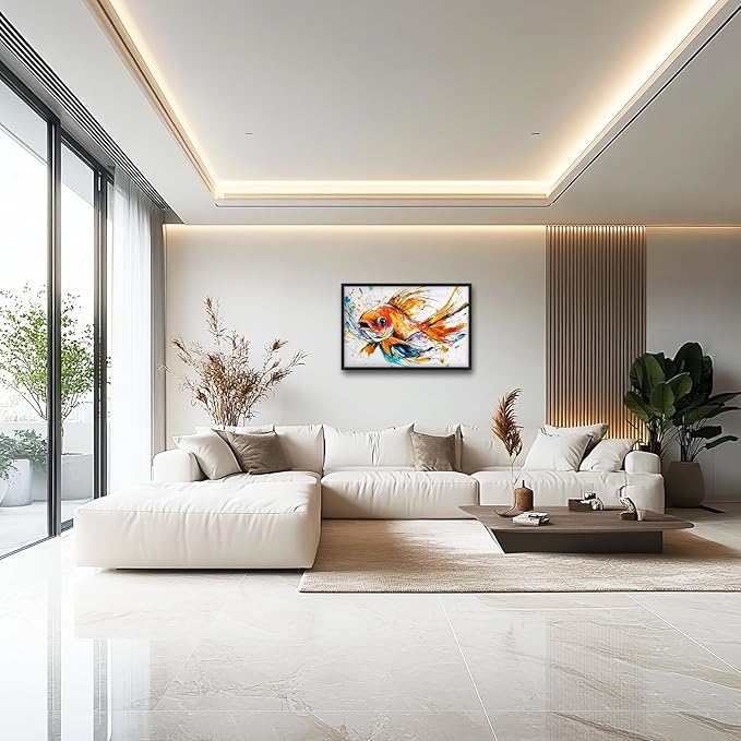 Framed Large Fish Wall Art for Living Room, Oversized Graffiti Goldfish Wall Decor Watercolor Fishing Canvas Painting Modern Artwork Home Decoration for Living Room Bedroom Office 36"x24"