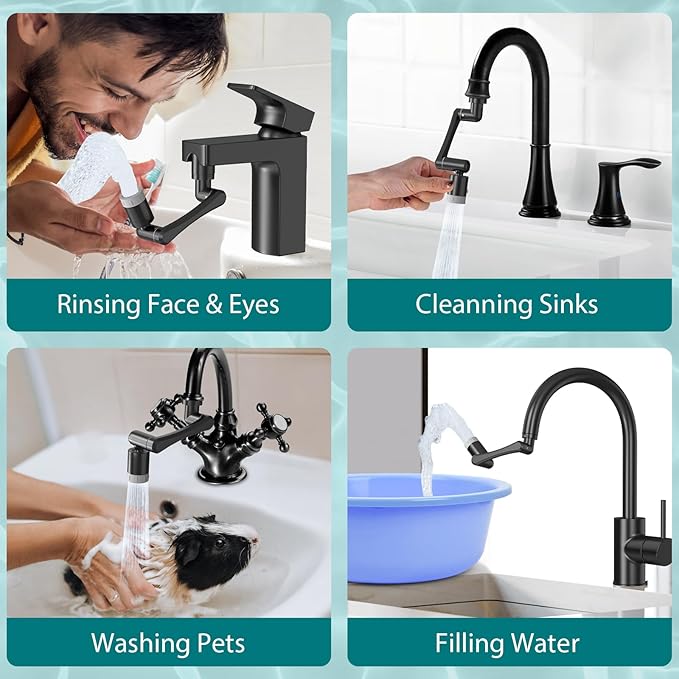 CECEFIN 1440° Rotating-Faucet-Extender Sink Aerator - 1080°+360° Large-Angle Splash Tap Extension with 2 Water Outlet, Swivel Multifunctional Robotic Arm for Kitchen/Bathroom, Black