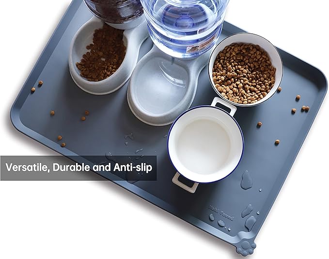 Hoki Found X-Large Silicone Pet Food Mats Tray - Non Slip Pet Dog Cat Bowl Mats Placemat - Dog Pet Cat Feeding Mat - Waterproof Dog Cat Food Mats -Pet Water Mats for Carpet -Gray-