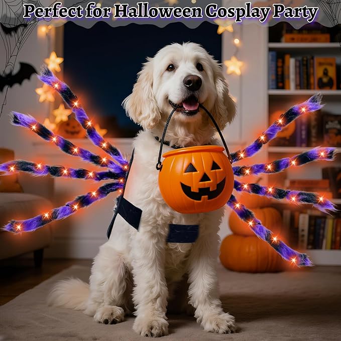 Light-Up Halloween Spider Dog Costume with Orange LED Lights, Purple & Black Furry Spider Costumes for Pets, Funny Halloween Costume Outfit for Cosplay Party (XL)
