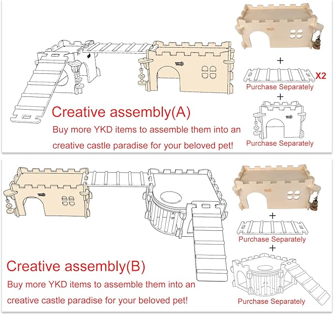 Castle Chinchilla House - Small Animal Hideout for Chinchilla Guinea Pig Hedgehog, or Rat - Ventilated Wooden Guinea Pig Hut Habitat with Multiple Doors (Large)