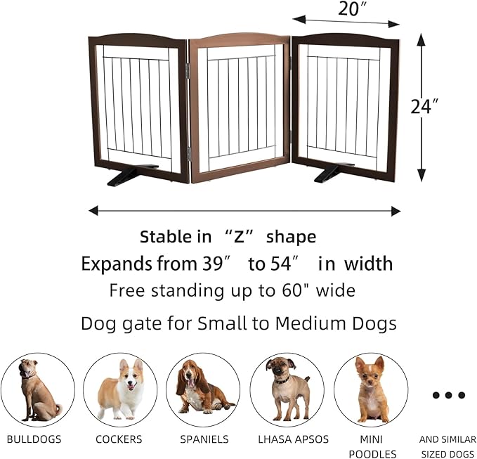 ZJSF Freestanding Dog Fence Indoor, Foldable Dog Gate for Doorways, Stairs or Hallways, Sturdy Wood Extra Wide Pet Gate with Support Feet for The House, Brown, 24 "Height-3 Panels