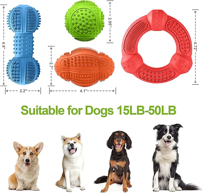 Dog Chew Toys 4 Pack, Dog Toys for Aggressive Chewers Small Medium Large Breed, Multifunctional Teeth Cleaning and Gum Massage, Tough Dog Toys with Natural Rubber for Puppy and Medium Large Dog