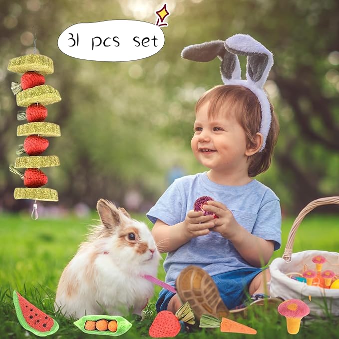 31 Pcs Small Pet Chew Toys for Dental Health - Natural Apple Wood, Timothy Grass Sticks & Sweet Bamboo, Teeth Grinding Toys for Rabbits, Guinea Pigs, Hamsters, Chinchillas Cage Accessories