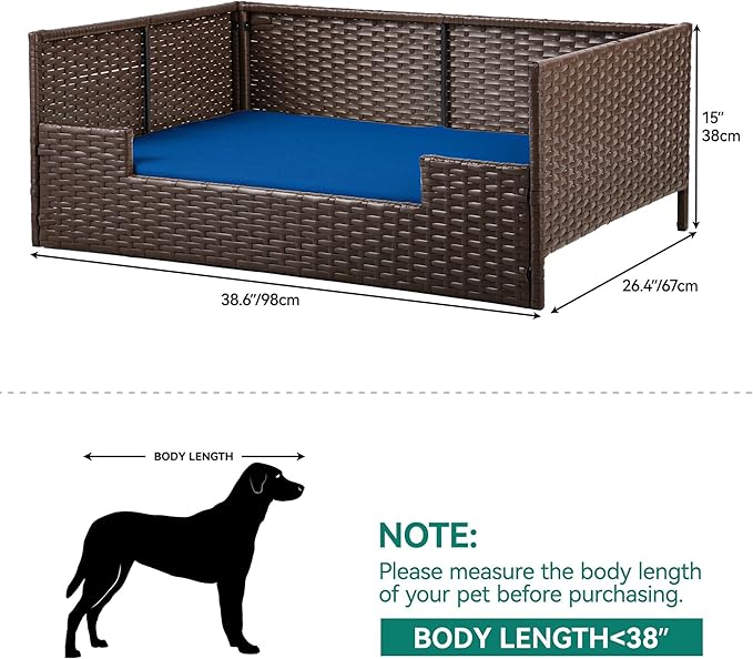 YITAHOME Rattan Dog Sofa Bed with Cushion, Wicker Pet Bed Sofa Couch Indoor Outdoor Waterproof for Large Medium Small Dogs Cats (38.6''L*26.4''W*15''H,Blue)