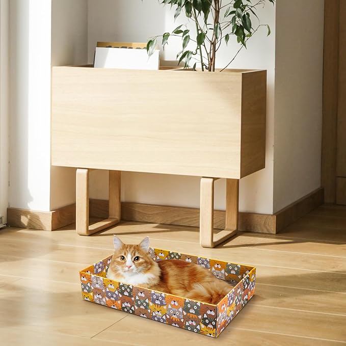 Set of 2 Cardboard Cat Scratchers, 6 Pcs Corrugated Cat Scratch Pad with 2 Boxes, Cute Reversible Kitty Sofa Bed, Refillable Wave Shaped Lounge, Interactive Kitten Toy for Indoor Cats