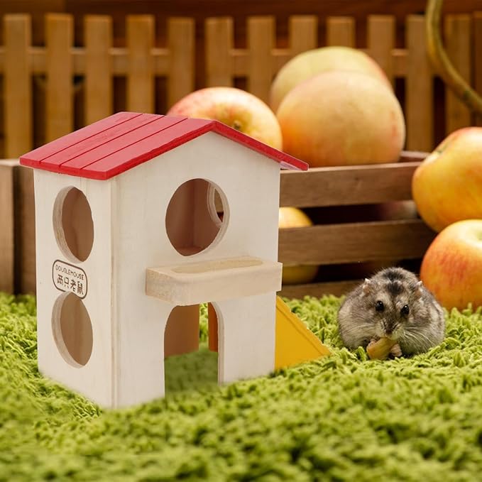 Hypeety Wooden Hamster Villa House & Maze Hideout Cage - Exercise Toys for Dwarf Hamsters, Gerbils, and Small Pets Natural Wooden Habitat with Climbing Accessories (Villa House)