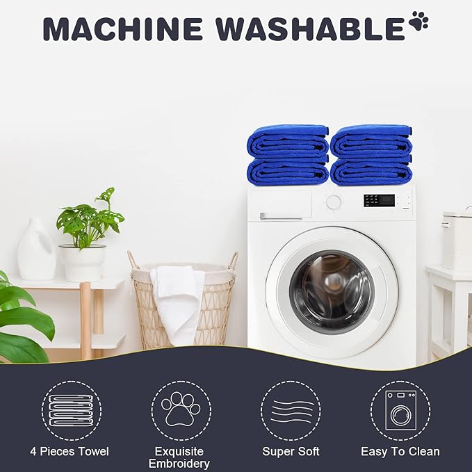 Chumia 4 Pack Dog Towels for Drying Large Microfiber Grooming Tools Absorbent Soft Bath Supplies with Embroidered Paw for Small Medium Pet Products(16 x 32 Inch,Blue)