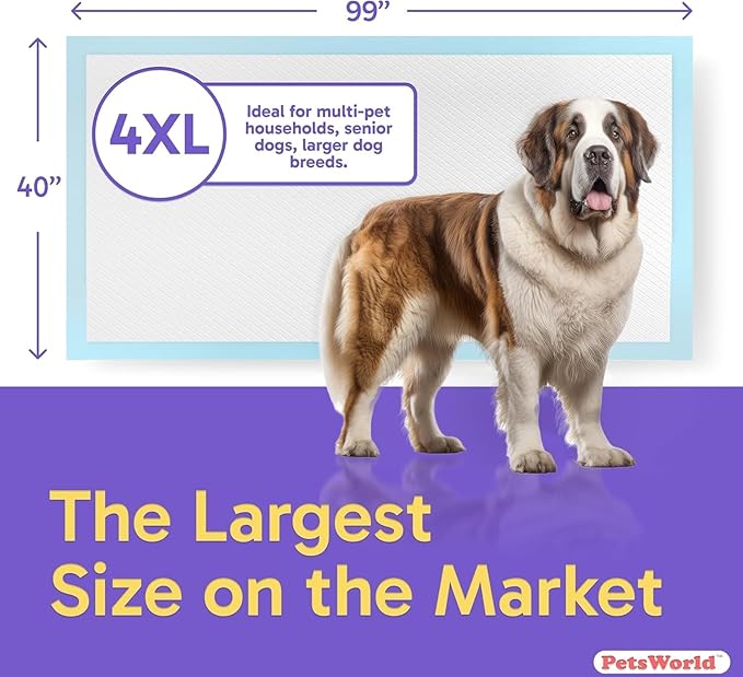 PETSWORLD Mega-Sized Dog Pee Pads (40" x 99") – 4XL Gigantic Pet Piddle Pads for Puppy Training, Incontinence – with Adhesive Sticky Tape – Leak Proof, 5-Layer Protection (160 Count)