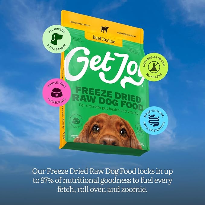 Get Joy Gut Health Fresh Freeze Dried Raw Meal, Beef Recipe, 32 Ounce Bag, Dog Food for Dogs of All Breeds and Life Stages, PhD Animal Nutritionist Formulated, USDA Beef, Made in USA