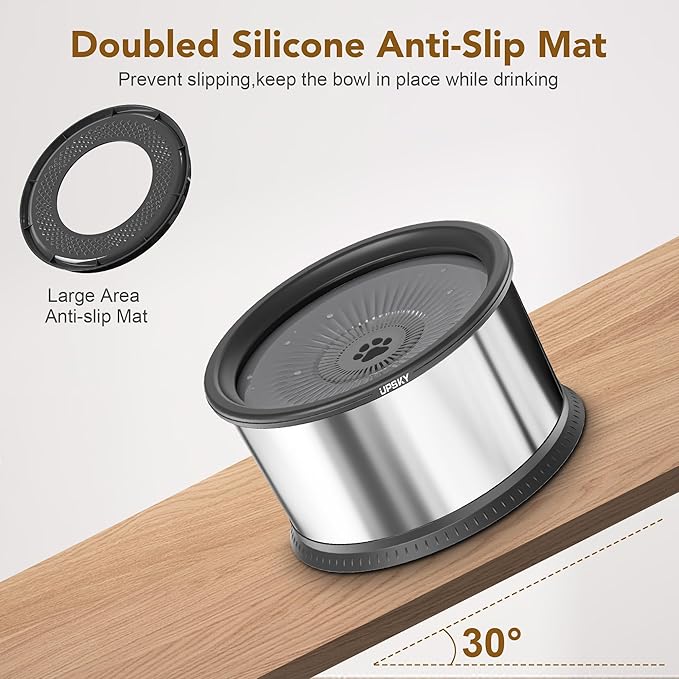 UPSKY 4.5L Dog Water Bowl,Large Capacity No Spill Dog Water Bowl,Stainless Steel Spill Proof Slow Water Feeder,No Splash Water Bowl with Anti-Slip Mat for Messy Drinkers Grey