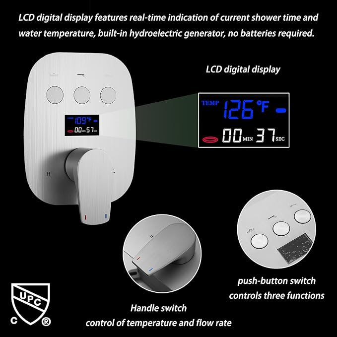 Brushed Nickel Shower System Set Temperature Display Push Button Shower Faucet with 12 inch and 8 inch Wall Mount Full Body Shower Head and Handheld Shower