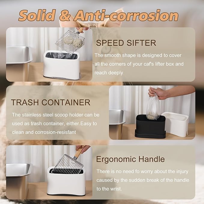 Metal Cat Litter Scoop with Holder, Poop Scooper with Stand and 2 Rolls of Garbage Bags, Heavy Duty Stainless Steel Shovel with Wooden, Quick Sifter for Easy Cleaning (Long handle-9.8" with Holder)