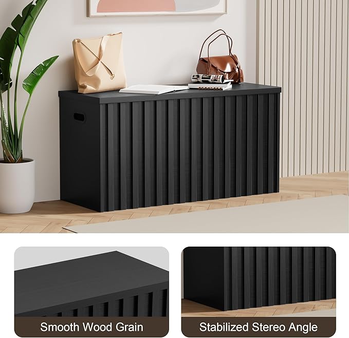 UEV Storage Bench,39.4" Wood Box, Storage Trunk with 2 Safety Hinges, Ottoman Storage Chest, Fluted Storage Bench for Bedroom, Entryway, Living Room(Black)
