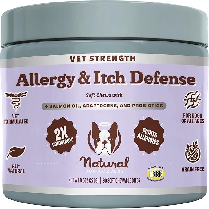 Natural Dog Company Aller Immune Chews 90 ct, Vet Strength High-Concentration Senior Dog Allergy Relief with 2.4X Colostrum, 2X Salmon Oil & 1.5X Probiotics, Supports Immune, Skin, Coat & Gut Health
