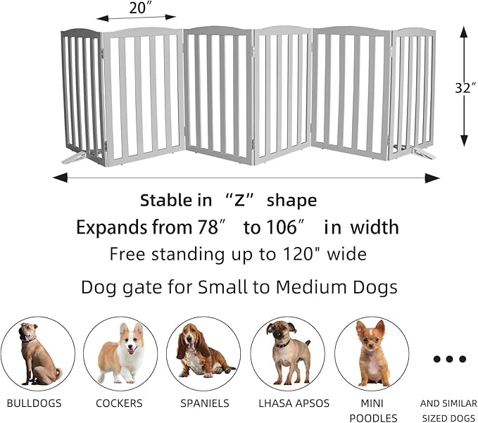 ZJSF Foldable Freestanding Indoor Dog Gate for House Wood Long Pet Gates Dog Fence for Stairs Puppy Gates for Hallways, Puppy Gate,Support Feet Included, Grey, 32 "Height-6 Panels