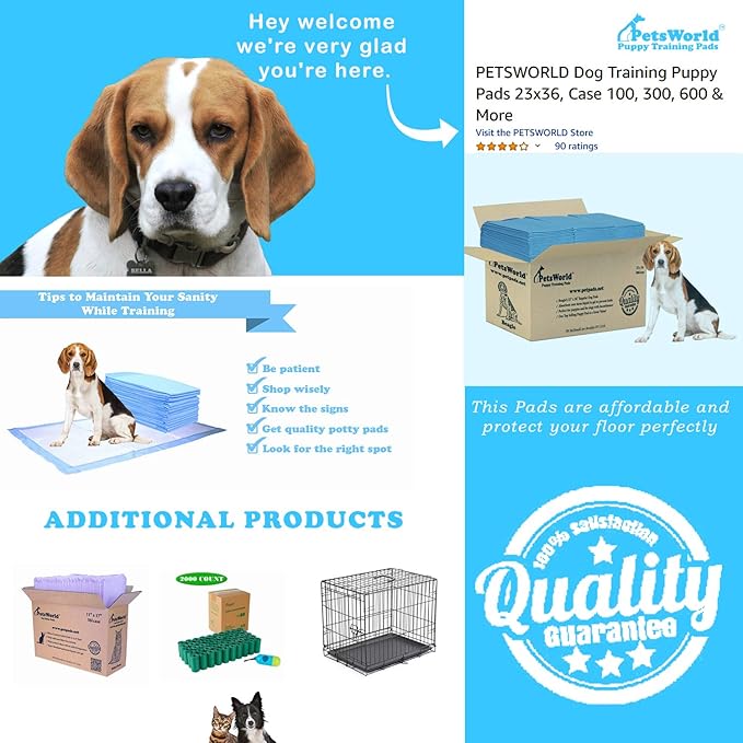 PETSWORLD Puppy Pads, 23x36 Inch, 600 Count - Puppy Pee Pads for Dogs, Tear Resistant, Economy Value, Super-Absorbent Polymer Gel Core, Perfect for Puppies, Smaller Dogs