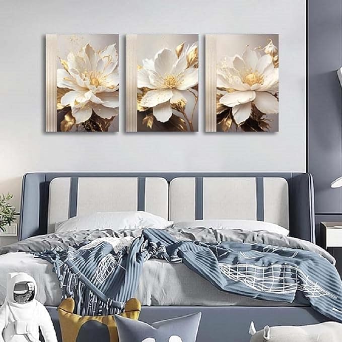 Yxbhhym Bathroom Wall Art White Flower Canvas Wall Art for Living Room Bedroom Wall Decor Floral Picture for Kitchen Hallway Home Decorations Framed Posters Prints 3 Piece