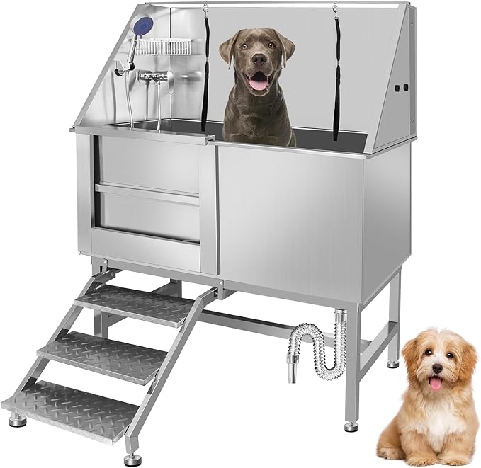 50" Pet Dog Bathing Station W/Stairs, Professional Stainless Steel Dog Grooming Tub W/Soap Box, Faucet,Rich Accessory, Dog Bathtub for Large,Medium,Small Pets, Washing Sink for Home (50" Left ramp)
