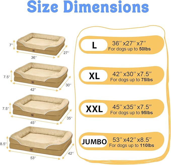 Orthopedic XL Large Dog Bed - Removable Bolster & Waterproof Washable Cover for Pet Extra Large Bed with Foam Support Non-Slip Bottom Dog Beds