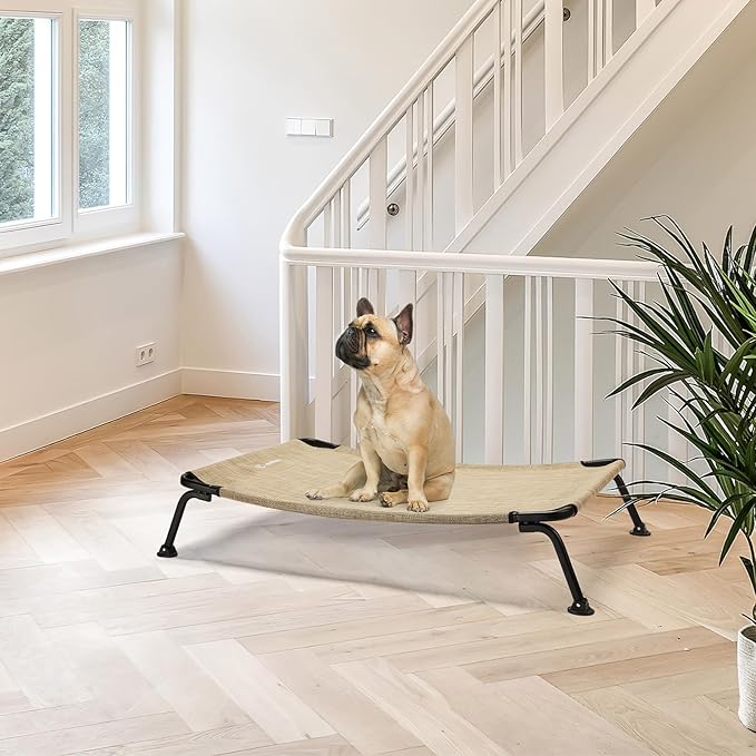 Veehoo Outdoor Elevated Dog Bed, Cooling Raised Dog Cots Beds for Medium Dogs, Portable Waterproof Curved Dogs Hammock Bed for Outside, up to 100lbs, Black Legs, Beige 32"