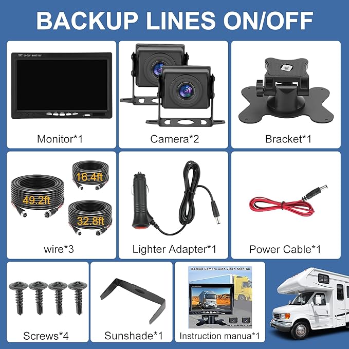 Kairiyard 7 Inch HD 1080P Backup Camera, 2 Channel, DIY Grid Lines 150° Wide Angle Reverse Rear View Camera Wired Back up Camera System for Truck RV Car Trailer Camper Tractor