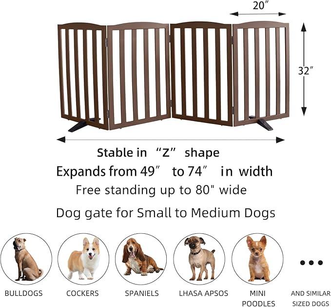 ZJSF Foldable Freestanding Indoor Dog Gate for House Wood Long Pet Gates Dog Fence for Stairs Puppy Gates for Hallways, Puppy Gate,Support Feet Included, Brown, 32 "Height-4 Panels