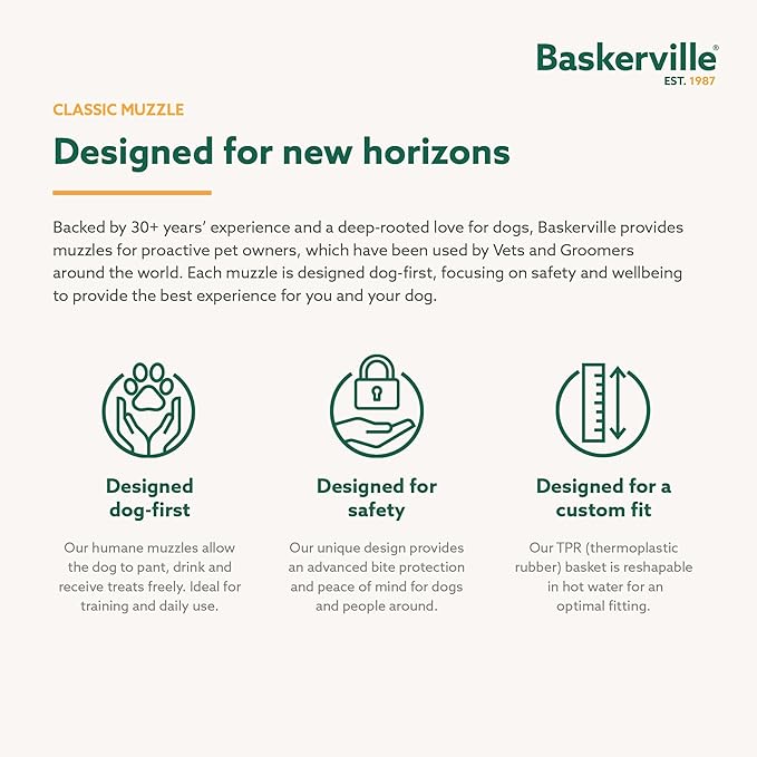 Baskerville Classic Basket Muzzle - Dog can Pant and Drink, Prevents Biting and Food Waste Scavenging, Strong TPR, Ideal for Longer Nosed Dogs, Breathable Dog Training Muzzle for Small Dogs (Size 1)