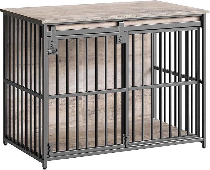 HOOBRO Dog Crate Furniture, 36.6" Heavy Duty Dog Kennel with Sliding Barn Door, Wooden Dog Cage Indoor, Decorative Side End Table for Small/Medium Dogs, Greige and Black GY162GW03G1